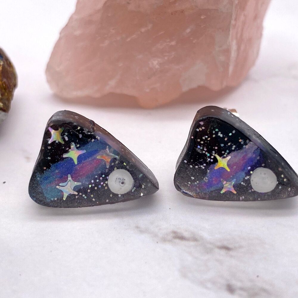 Black Space Galaxy Ouija Planchette Stud Earrings - Picture 5 of 7